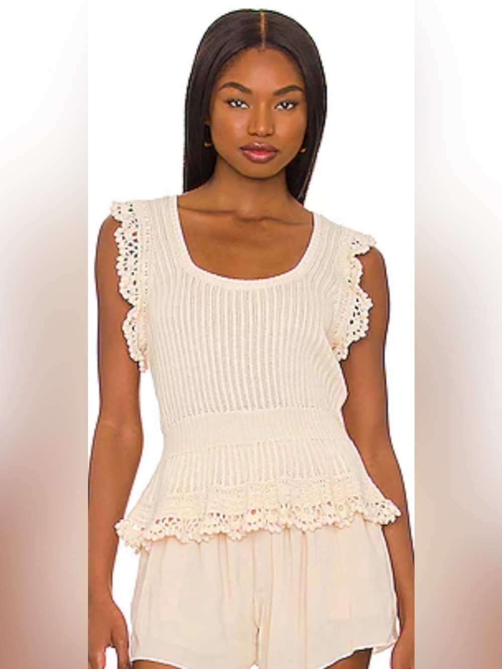 Revolve PAIGE Ammeline Crochet Knit Boho Top in Ecru Cream Size Medium